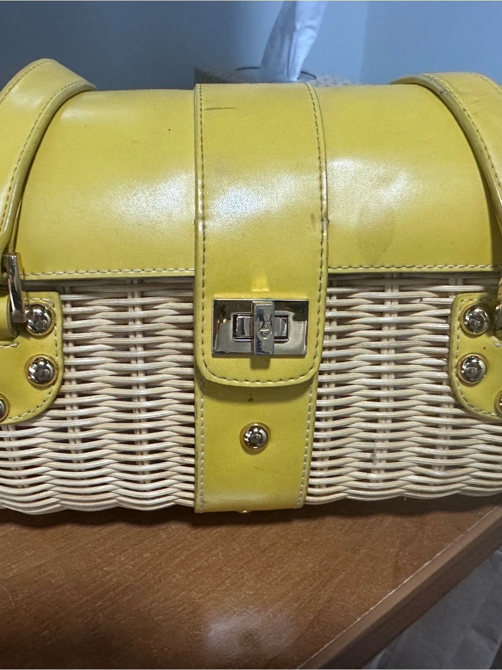 Etienne Aigner Yellow Woven Shoulder Bag with Leather Trim - Picture 2 of 5